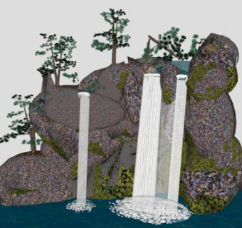 山间瀑布湖泊景观SU模型下载_sketchup草图大师SKP模型