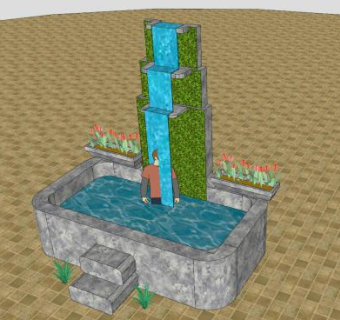 园林瀑布水池景观SU模型下载_sketchup草图大师SKP模型