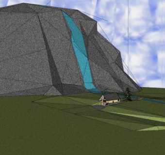 山地河流瀑布别墅SU模型下载_sketchup草图大师SKP模型