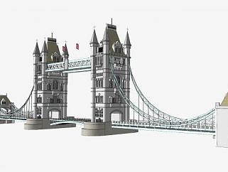 泰晤士河道伦敦塔桥SU模型下载_sketchup草图大师SKP模型