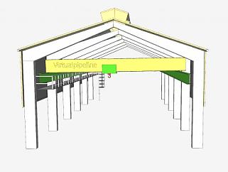 工业用预制金属建筑和室内桥梁SU模型下载_sketchup草图大师SKP模型