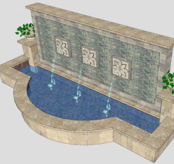中式流水鱼塘景墙SU模型下载_sketchup草图大师SKP模型