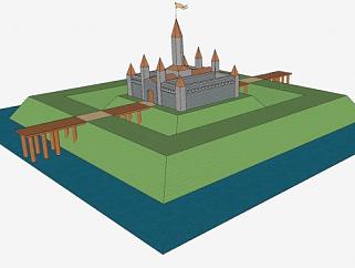 城堡围墙水景SU模型下载_sketchup草图大师SKP模型