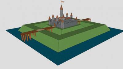 城堡围墙水景SU模型下载_sketchup草图大师SKP模型