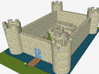 中世纪<em>吊桥</em>城堡和水景河道SU<em>模型</em>下载_sketchup草图...