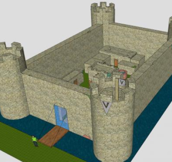中世纪吊桥城堡和水景河道SU模型下载_sketchup草图大师SKP模型