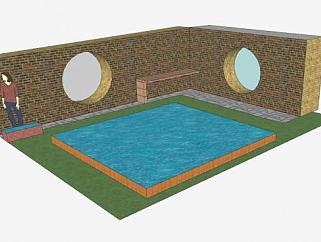 砖石景墙和水池SU模型下载_sketchup草图大师SKP模型