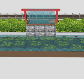 中式水景墙荷花池塘SU模型下载_sketchup草图大师SKP模型