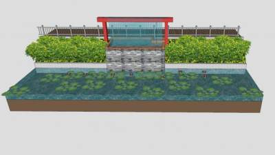 中式水景墙荷花池塘SU模型下载_sketchup草图大师SKP模型