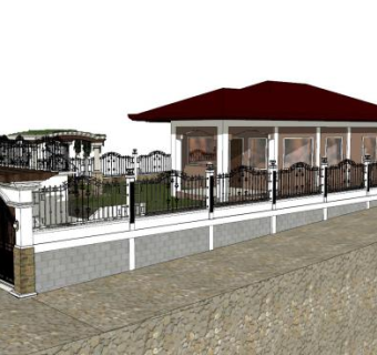 欧式别墅石墙铁艺围墙SU模型下载_sketchup草图大师SKP模型