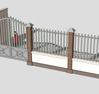 砖墙钢制栅栏SU模型下载_sketchup草图大师SKP模型