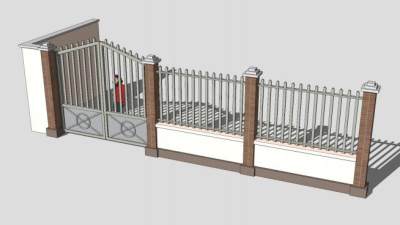 砖墙钢制栅栏SU模型下载_sketchup草图大师SKP模型