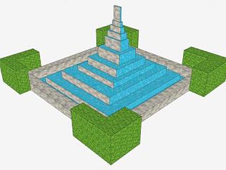 公园观景方形叠层喷泉SU模型下载_sketchup草图大师SKP模型