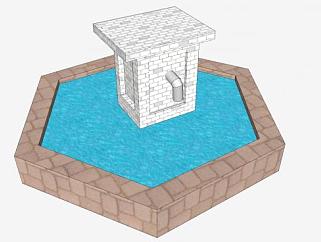 中式石壁流水喷泉SU模型下载_sketchup草图大师SKP模型