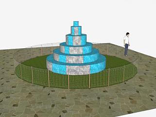 室外大型流水喷泉SU模型下载_sketchup草图大师SKP模型