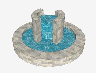 石造瓷砖水池喷泉SU模型下载_sketchup草图大师SKP模型