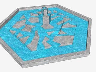 大型六角石制喷泉SU模型下载_sketchup草图大师SKP模型