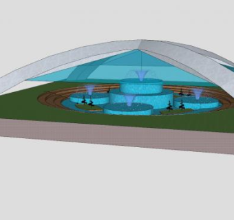 现代雨棚大喷泉水景建筑SU模型下载_sketchup草图大师SKP模型