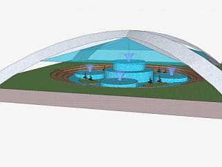 现代雨棚大喷泉水景建筑SU模型下载_sketchup草图大师SKP模型