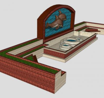 庭院观景海豚石壁喷泉SU模型下载_sketchup草图大师SKP模型