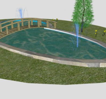 池塘喷泉和木桥栈SU模型下载_sketchup草图大师SKP模型