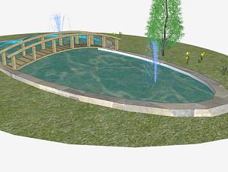 池塘喷泉和木桥栈<em>SU模型</em>下载_sketchup草图大师SKP模型