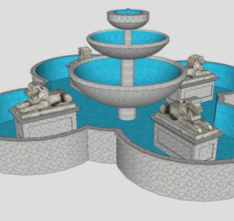 四像石狮欧式喷泉SU模型下载_sketchup草图大师SKP模型