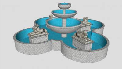 四像石狮欧式喷泉SU模型下载_sketchup草图大师SKP模型