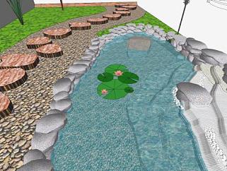 中式庭院园林风格池塘小径设计SU模型下载_sketchup草图大师SKP模型