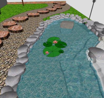 中式庭院园林风格池塘小径设计SU模型下载_sketchup草图大师SKP模型