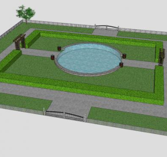 现代篱笆水景公园SU模型下载_sketchup草图大师SKP模型