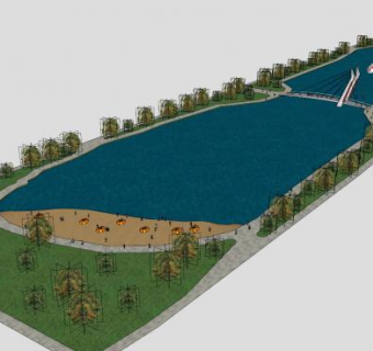 人造沙滩泳池桥园公园SU模型下载_sketchup草图大师SKP模型