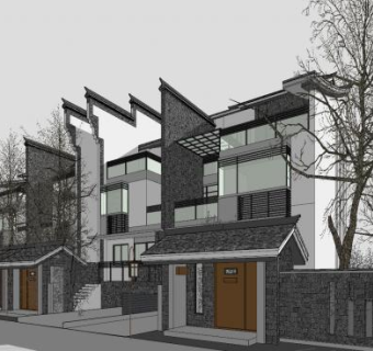 中式风格户外别墅建筑SU模型下载_sketchup草图大师SKP模型