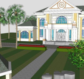 游泳池房子花园建筑SU模型下载_sketchup草图大师SKP模型