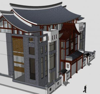 中式风格别墅户外建筑SU模型下载_sketchup草图大师SKP模型