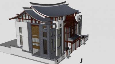 中式风格别墅户外建筑SU模型下载_sketchup草图大师SKP模型