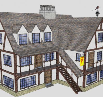 客栈别墅建筑SU模型下载_sketchup草图大师SKP模型