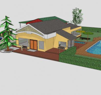 低矮平房别墅SU模型下载_sketchup草图大师SKP模型