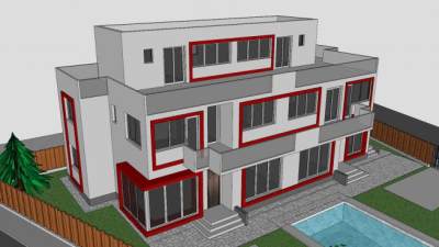 红白别墅建筑SU模型下载_sketchup草图大师SKP模型