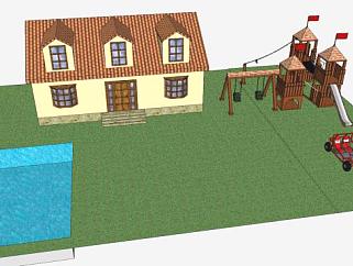 有游泳池和操场的房子SU模型下载_sketchup草图大师SKP模型