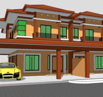 半独立式别墅建筑SU模型下载_sketchup草图大师SKP模型