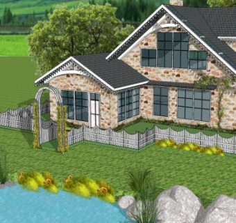 园林别墅建筑湖边房子SU模型下载_sketchup草图大师SKP模型