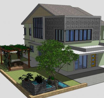 现代绿色房子别墅SU模型下载_sketchup草图大师SKP模型