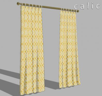 黄色花色图案印花褶皱窗帘SU模型下载_sketchup草图大师SKP模型