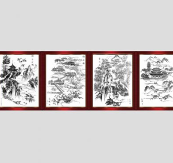 中国山水楼阁水墨画挂画SU模型下载_sketchup草图大师SKP模型