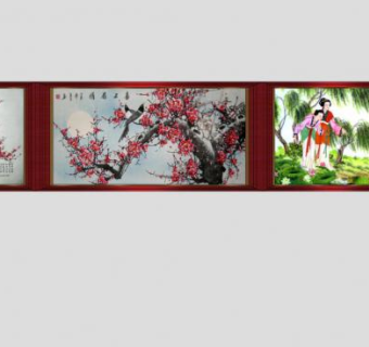 中国山水人物油墨画挂画SU模型下载_sketchup草图大师SKP模型