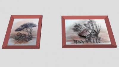 风景油画双联挂画SU模型下载_sketchup草图大师SKP模型