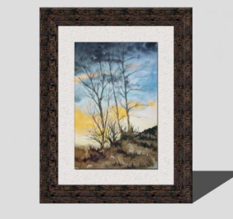 枯树风景水彩画绘画挂画SU模型下载_sketchup草图大师SKP模型