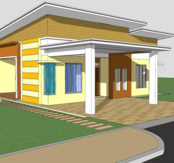 简单黄色平房建筑SU模型下载_sketchup草图大师SKP模型