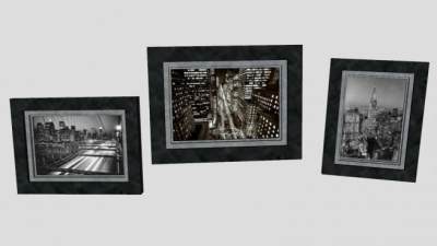 城市大楼黑白建筑三联挂画SU模型下载_sketchup草图大师SKP模型